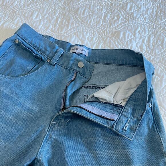 Heaven Can Wait Blue Embroidered Baggy Jeans Mens Size Small Goth Punk Skeleton - Picture 11 of 13